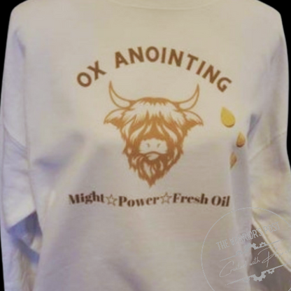 Bible Sweatshirt- Ox Anointing White & Gold Bronze Christian Sublimation Sweatshirt