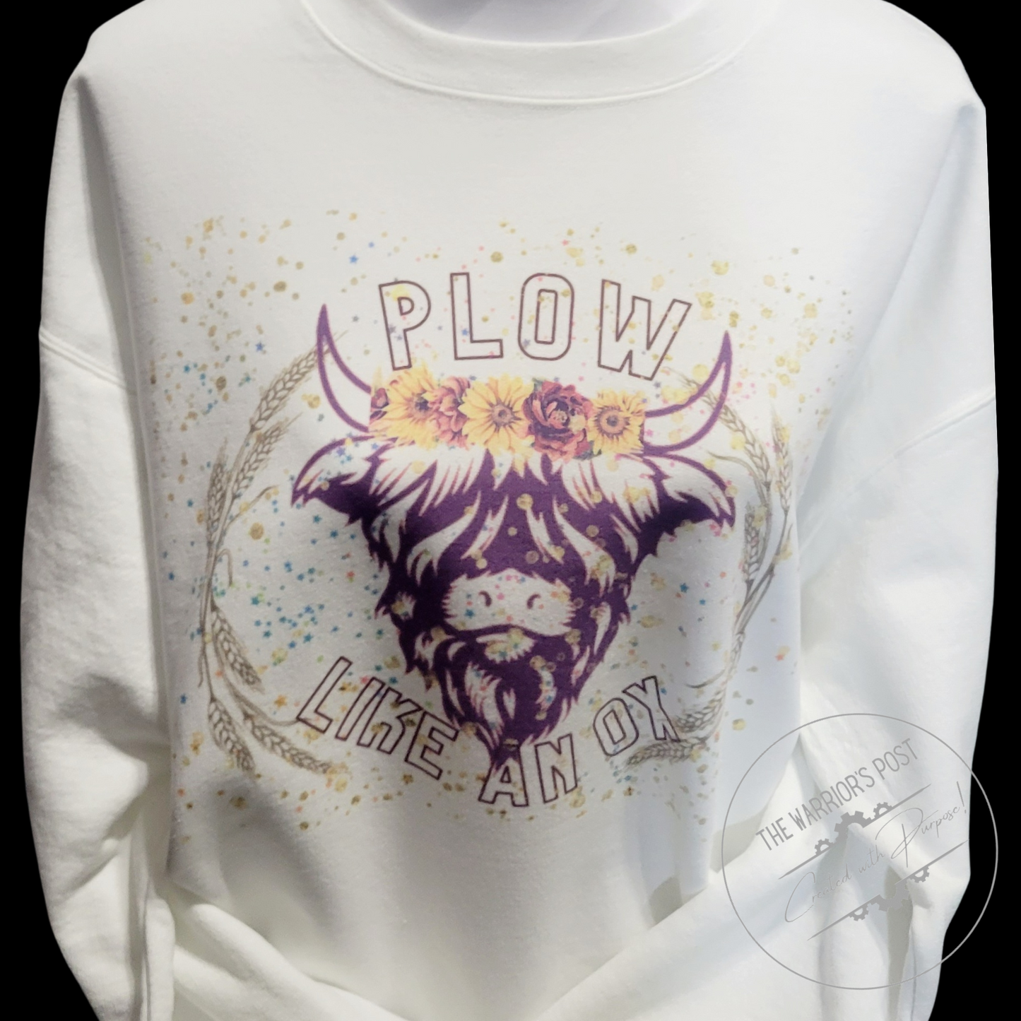Plow Like An Ox White Crewneck Sweatshirt Girl Ox Cow Boho Flowers Wheat