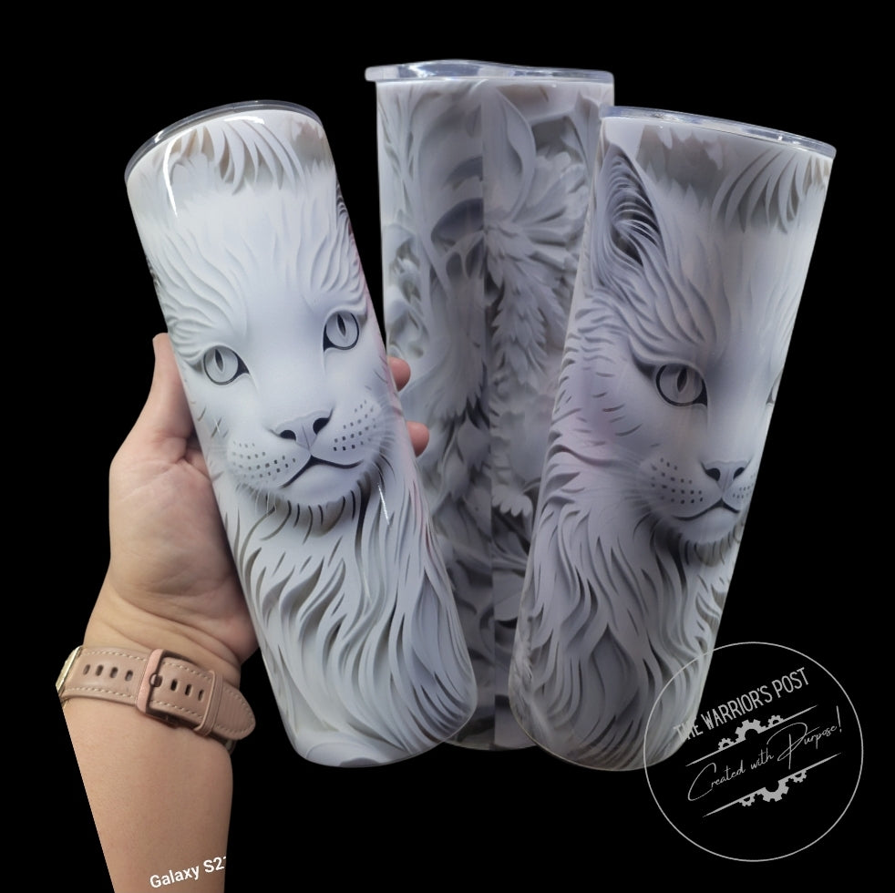 3D Cat Tumbler- White Tooled Leather