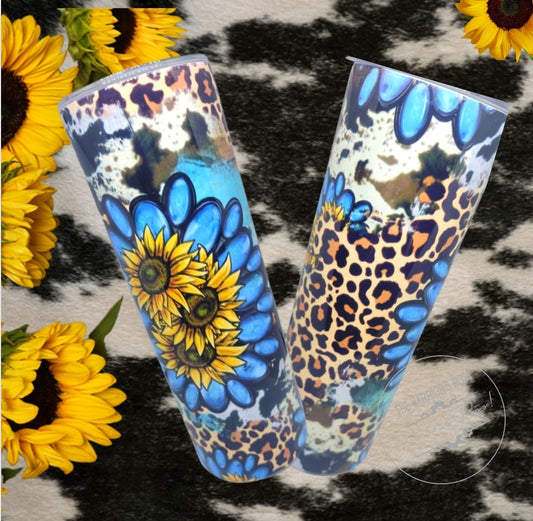 Western Country Jeweled Turquoise Sunflower Leopard Cow Print Stainless Steel Double Wall Vaccum Tumbler- 20 oz